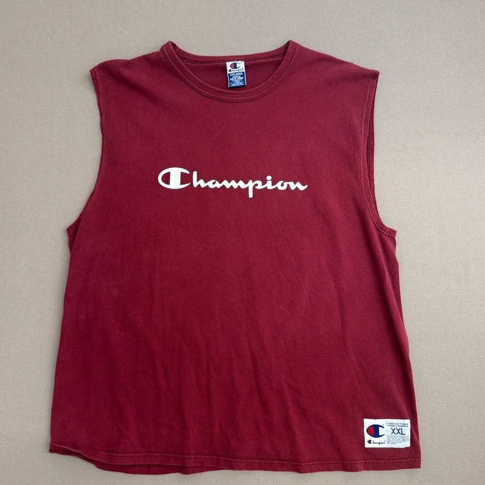 Champion Mens XXL Muscle Tee Sleeveless Shirt Maroon Burgundy Script Logo